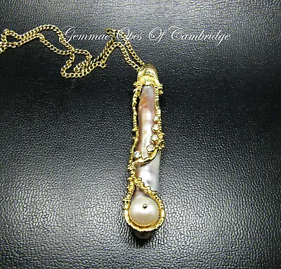 18k 18ct Gold Necklace Brutalist Pendant Natural Abalone Pearl & Diamond 23.42g • $1200.07