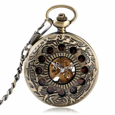 Men's Vintage Bronze Mechanical Black Dial Pocket Watch Hand Winding With Chain • £20.39