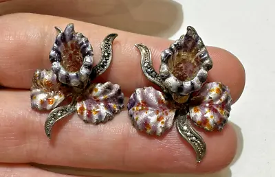 Vintage Sterling Silver Orchid Flower Enamel Marcasite Pierced Earrings • $53.99