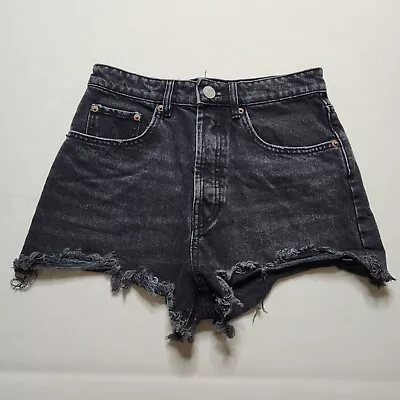 Zara Denim Shorts Raw Hem Hight Waist Button Fly Women Size 4 Faded Black P0 • $12