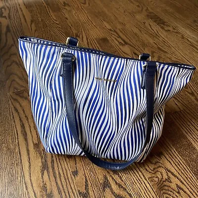 Vera Bradley Unique Blue White Waves Large Tote Leather Handle Rare Weekender • $36.99