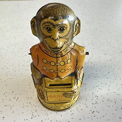 Vintage J Chein Tin Litho Monkey Tipping Hat Thank You Bank Arm Missing • $7.50