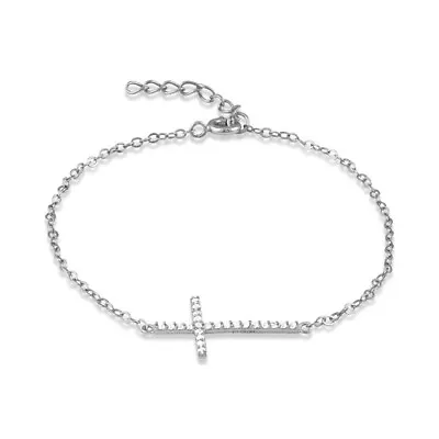 Sterling Silver Sideways Cross CZ Bracelet 7  • $23.99