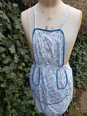 Vintage Blue Flower Pinafore Apron Pinny 40/50's Pocket Cotton Revival  • £12