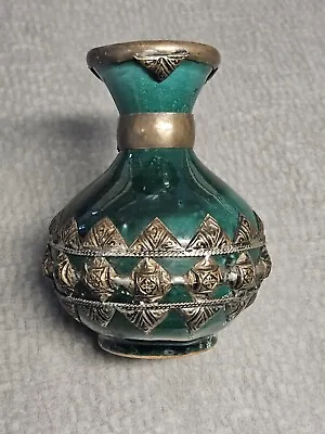 £54.44 • Buy Vintage Moroccan Kasbah Pottery Vase Green Glaze & Silver Metal  5 