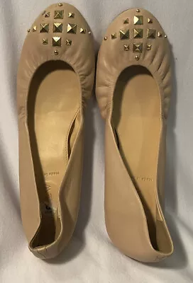 J. Crew Studded Cece Ballerina Flats Beige Leather Size 8 Made In Italy • $14.99