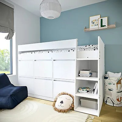 Single Mid Sleeper Cabin Bed White Wood With 6 Drawers And Ladder Storage • £379.92