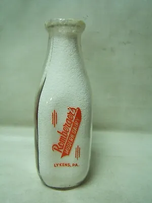 Romberger's Modern Dairy Lykens PA Red Pyro Quart Milk Bottle TSPQ 9.5  Tall RH • $17.99