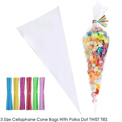 3 Size Cellophane Cone Bags CHOOSE POLKA DOT TWIST TIES Party Sweet Cello Candy • £1.98