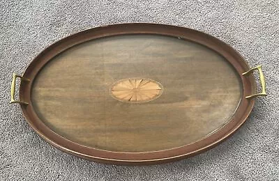 Antique Edwardian Oval Serving Tray Mahogany W/ Inlaid Wood & Brass Handles • $50