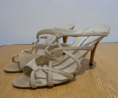 Manolo Blahnik Beige Suede Asymmetrical Multi Strap Mules Heels Shoes 38 5 VGC • £104.01