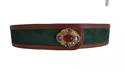 CARLISLE M Belt Green Suede Cognac Edged Jeweled Wide Vtg 90s 28-31 W • $25