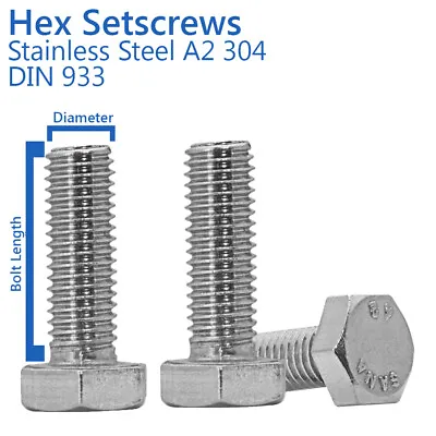 M8 - 8mm SET SCREWS HEX HEAD FULLY THREADED BOLTS A2 STAINLESS STEEL - DIN 933 • £77.59