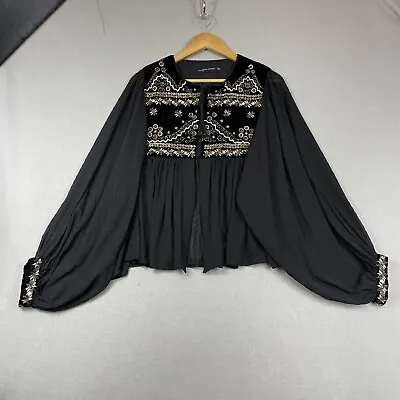 $49.99 • Buy Zara Embroidered Velvet Mesh Jacket Womens L Black Boho Balloon Sleeve Sheer