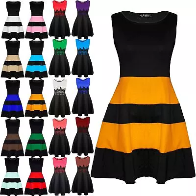 Womens Ladies Sleeveless Blocks Stripe Panel Flared Franki Midi Skater Dress • £6.99