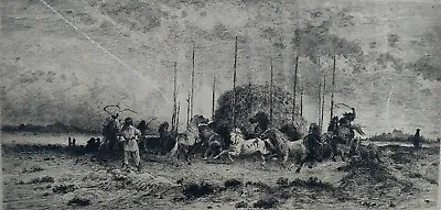 Peter Moran *Artist Signed* 1882 Etching Titled  Harvest In San Juan New Mexico  • $2450