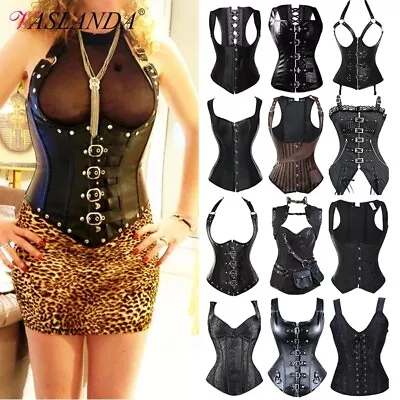 Black Retro Gothic Underbust Corsets Women Leather Bustier Steampunk Corset Top • $29.79