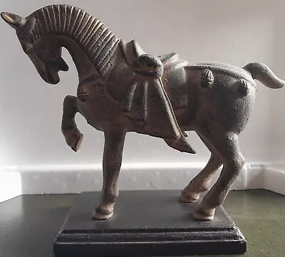 Large Vintage Chinese Bronze Tang Dynasty War Horse Statue On Wooden Base • £249