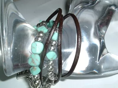 Mens Southwest Beaded Turquoise Silver And Leather Bracelet In Gift Box • $19