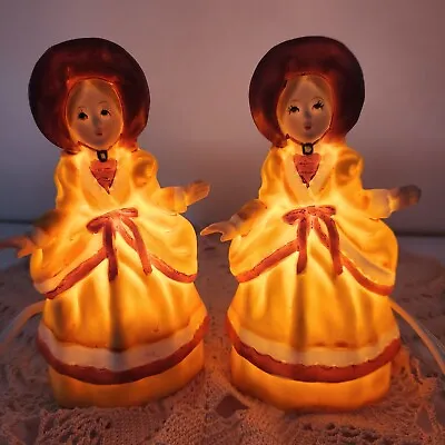 Vintage I W Rice Victorian Lady Nightlight Portable Lamp Pair Yellow Dress Japan • $40