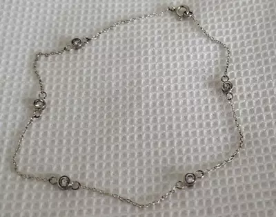 Vintage Sterling Silver 925 ANKLE BRACELET With Dainty Crystals Clear  Sz 10'' • $9.95