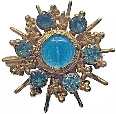 VTG Catholic Virgin Mary Blue Enamel Guilloche Gold Tone Rhinestones Brooch Pin • $34.95