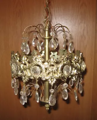 Vtg./Mid Century Brass Hollywood Regency Swag Light Fixture W/Prisms • $89.99