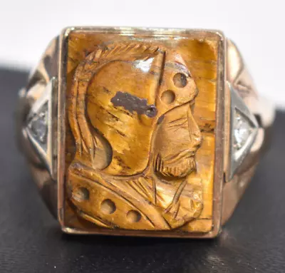 Carved Soldier Agate Cameo And Diamonds 10k Gold Ring • $175