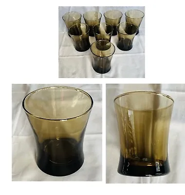 VINTAGE Whiskey Glasses 12 Oz. MCM Smoke Brown Curved Contour 8-Piece Set • $38.88