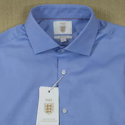 New M&S Mens Blue Shirt 17 Inch Collar Tailored Fit Double Cuffs For Cuff Link • £19.95