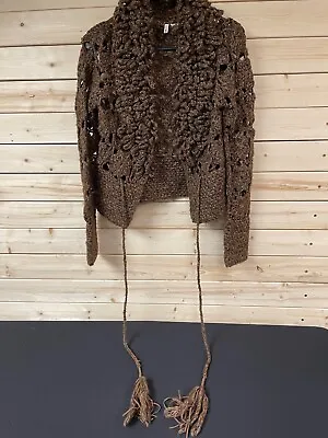 Moth Anthropologie Brown Knit Loop Fringe Collar Sweater Women's SIZE S • $14