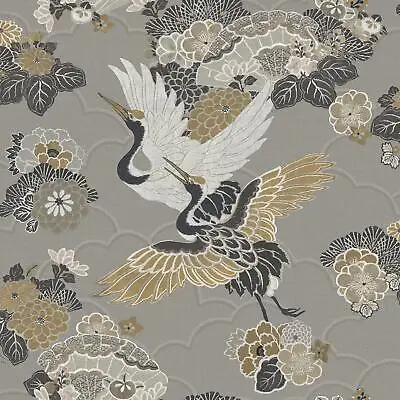 £13.99 • Buy Grey Kyoto Crane Wallpaper Textured Oriental Japanese Birds Floral Yellow
