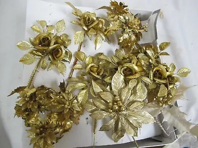 Vintage Artificial Plastic Flowers Gold Roses- Pointsettia - Candle Rings 11 Pcs • $21.95