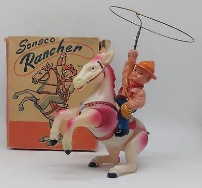 Vintage Alps Sonsco Rancher Celluloid Wind Up Toy With Box Occupied Japan Works • $85