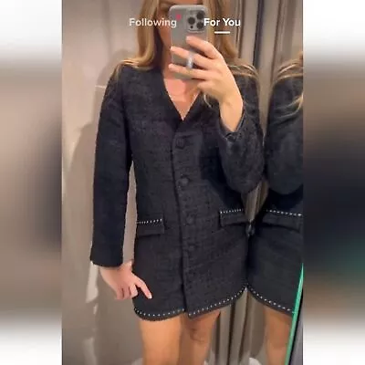 Zara Long STUDDED TEXTURED TWEED BLAZER  DRESS Black Size L Bloggers Favorite • £90.72