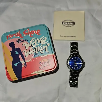 NOS Vintage Fossil Blue AM-3784 Royal Blue Dial Ladies Date Watch 100M Water Res • $50