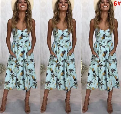 UK BOHO Womens Ladies Summer Beach Midi Dress Holiday Strappy Button Sun Dresses • £14.39