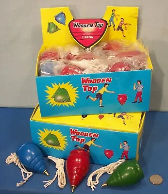 Store Display Box Of 24 ~ Old Wood Spinning Tops ~ 1950s Classic Toy With String • $27.85