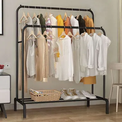 Heavy Duty Double Clothes Rail Hanging Rack Garment Display Stand Shoes Storage • £17.90