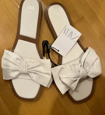 New Zara Flat Leather Sandals With Bow LEATHER SLIDES Shoes Size 10 White • $39.99