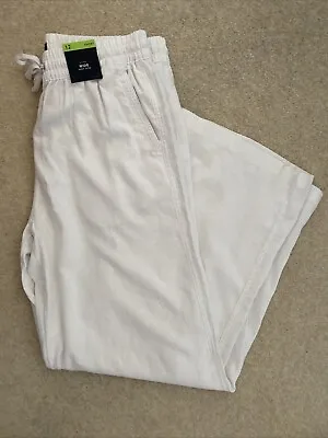 M&S WOMENS HIGH WAISTED WHITE WIDE LEG LINEN BLEND TROUSERS Size 12 Short Bnwt • £17.99