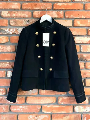 A643 Zara Short Blazer Black Military Velvet Gold Buttons Coat Jacket Medium - M • $99.99