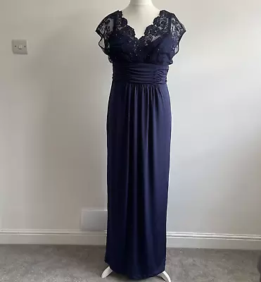 Alexon Maxi Dress UK 16 Navy Blue Lace Bodice Sequins Ruched Christmas Cruise • £32.92