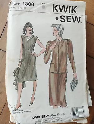 Kwik Sew 1308 Sleeveless Dress And Jacket Sewing Pattern Size 16 • $4.99