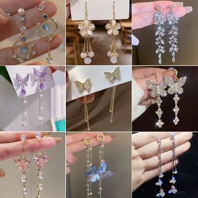 Zircon Crystal Tassel Earrings Stud Butterfly Pearl Dangle Drop Women Jewelry • £3.41