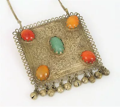 Vintage Early Low Grade Sterling Silver Moroccan ? Square Pendant Bells Necklace • $75