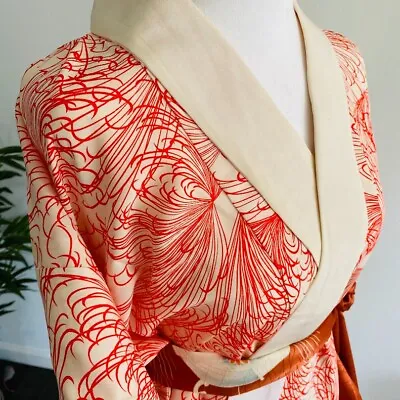 Orange Firework Flower Silk Nagajuban Vintage Japanese Kimono Robe Custome • $89.99