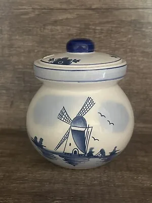 Vintage Blue Delft Jam Jar Honey Pot Scene Of Windmill House Flower 4.5  Holland • $12