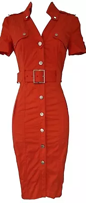 Womens Karen Millen Orange Belted Stretch Military Safari Shirt Pencil Dress 6. • £69.99