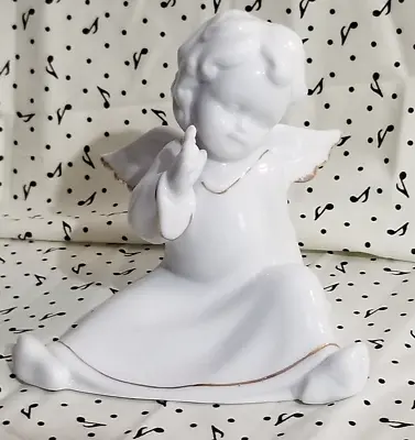 Angel Cherub Figurine Small Size Wings Sitting Thinking White Porcelain Gloss • $10